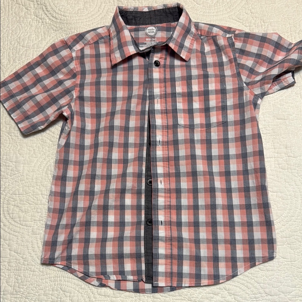 Wonder Nation Boy’s Plaid Short Sleeve Shirt - Gray and Pink Size S 6-7